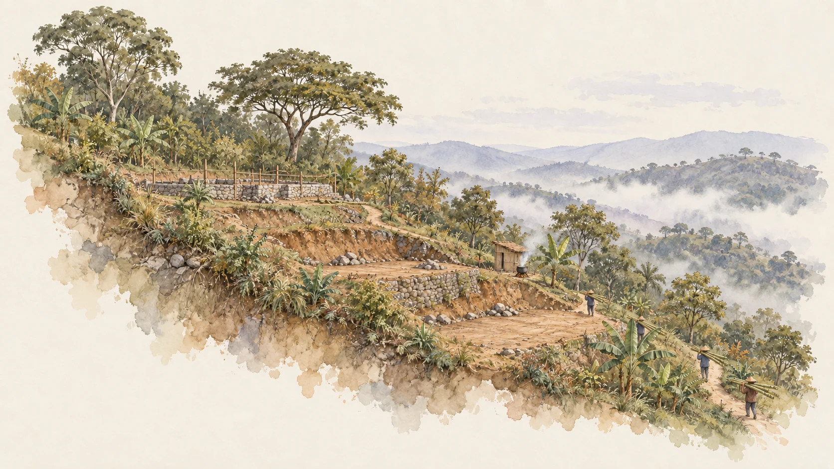 La misma ladera durante una minga: terreno despejado, guadua y una olla junto al camino.