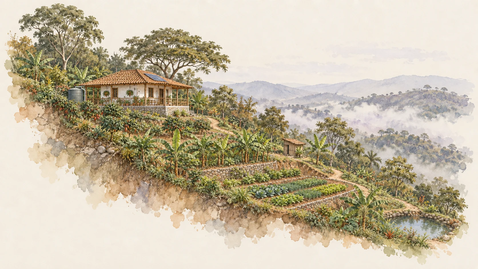 La misma casa terminada, con huerta, cultivos por estratos, agua y energía solar.