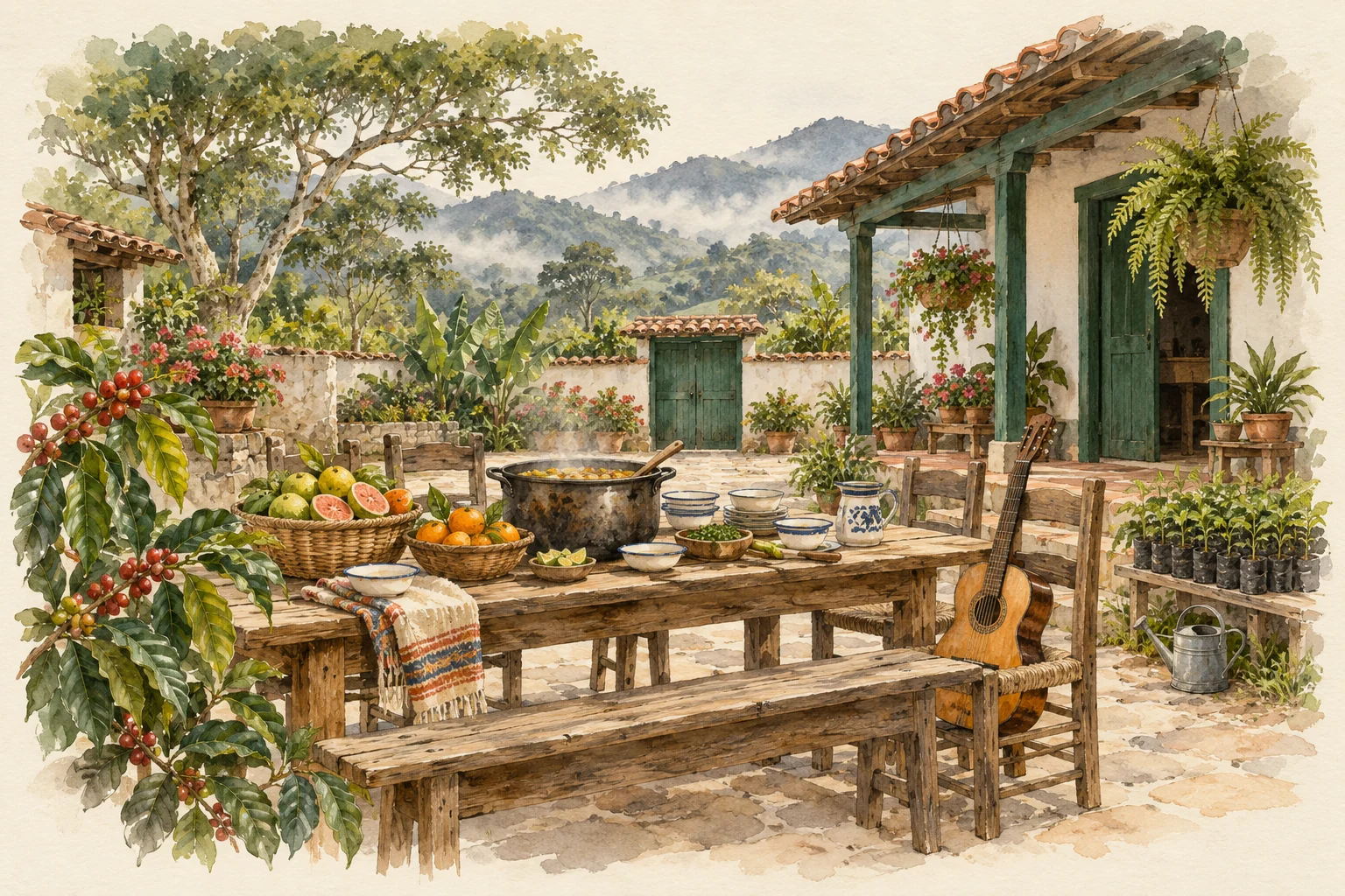 Acuarela de una mesa preparada para compartir sancocho, café y música en un corredor.