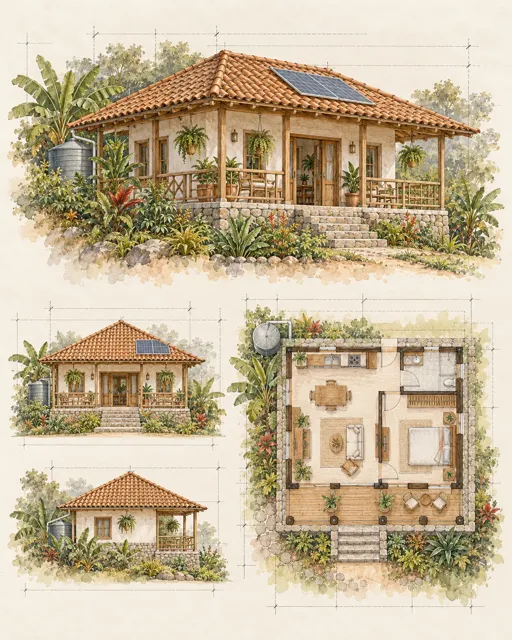Lámina ilustrada del prototipo de casa de 50 m² con su planta y sus partes.