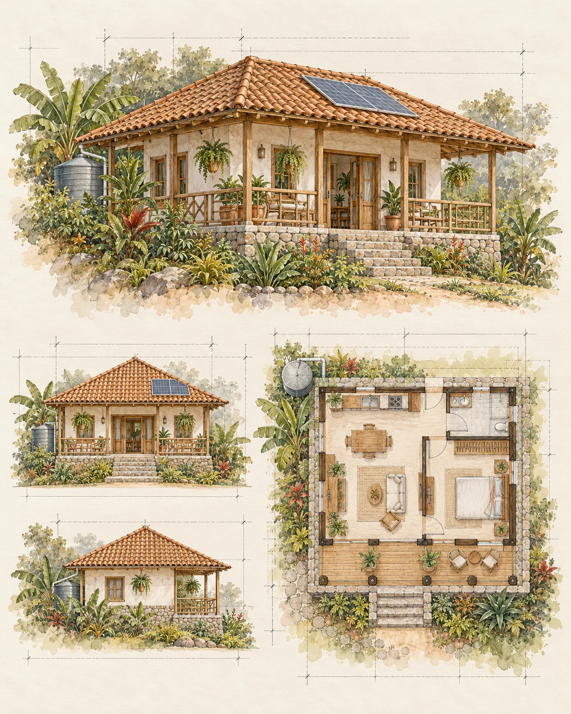 Lámina conceptual de una casa de 50 m²: perspectiva, elevaciones laterales y planta ilustrada.
