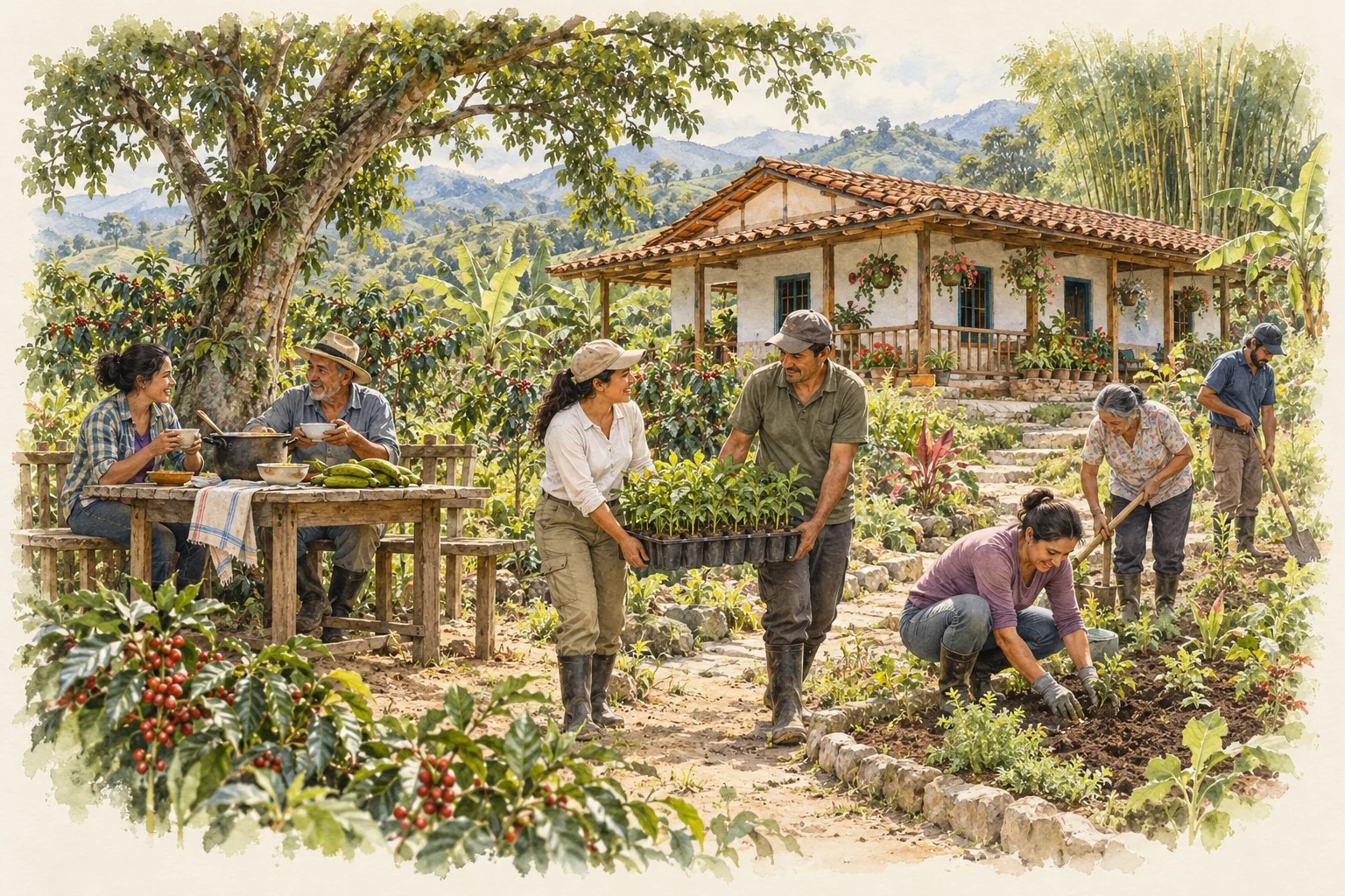 Ilustración de vecinos adultos compartiendo una minga de siembra junto a una casa campesina.