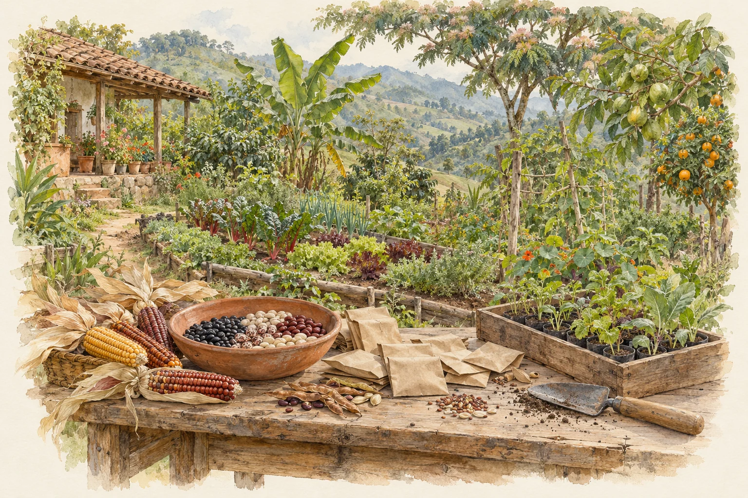 Acuarela de semillas, herramientas y una huerta diversa junto a una casa rural.