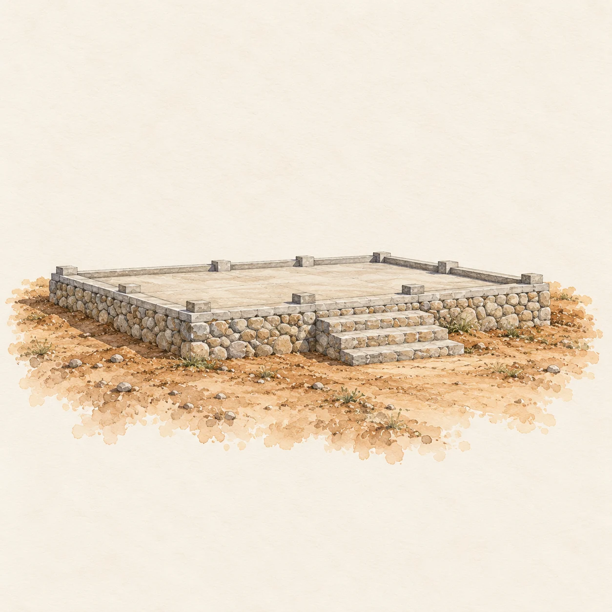 Ilustración conceptual: cimiento de una casa rural.