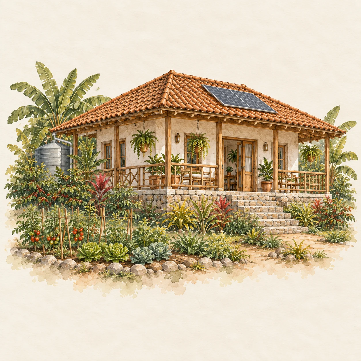 Ilustración conceptual: sembrar de una casa rural.