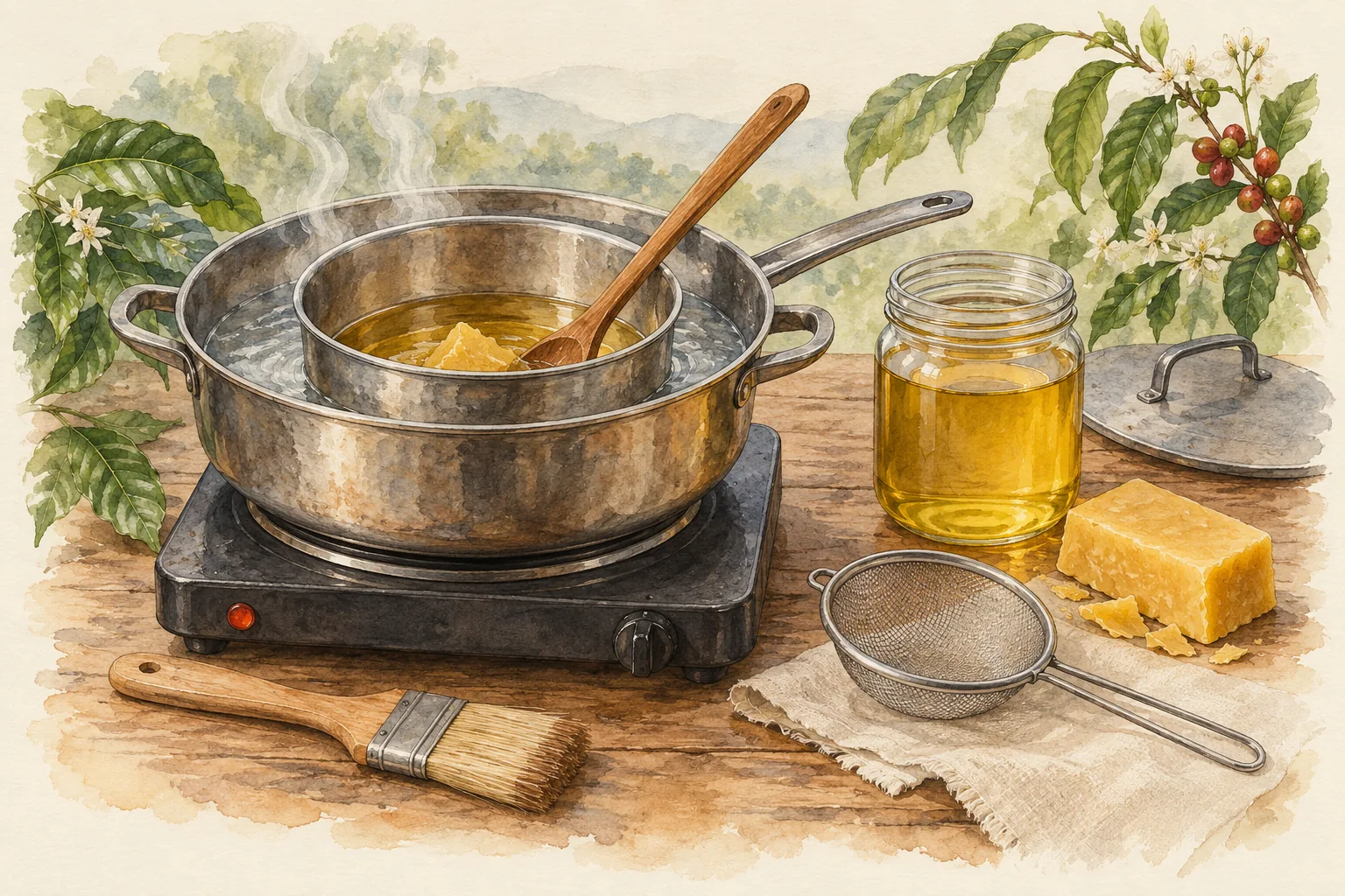 Olla de aceite y cera dentro de otra con agua sobre una placa eléctrica.