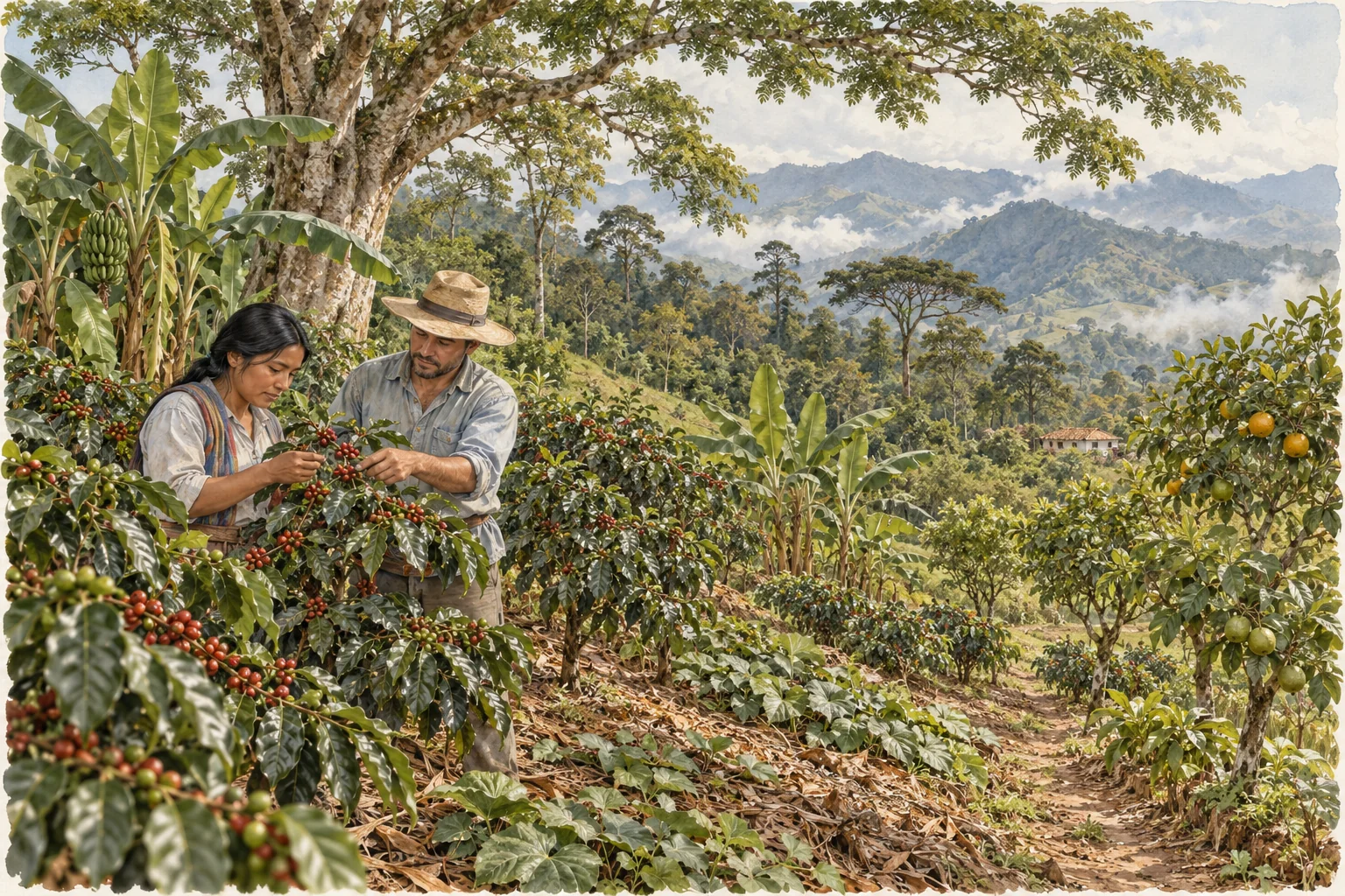 Dos personas observan un cafetal rodeado de árboles de sombra, plátano y otros estratos vegetales.