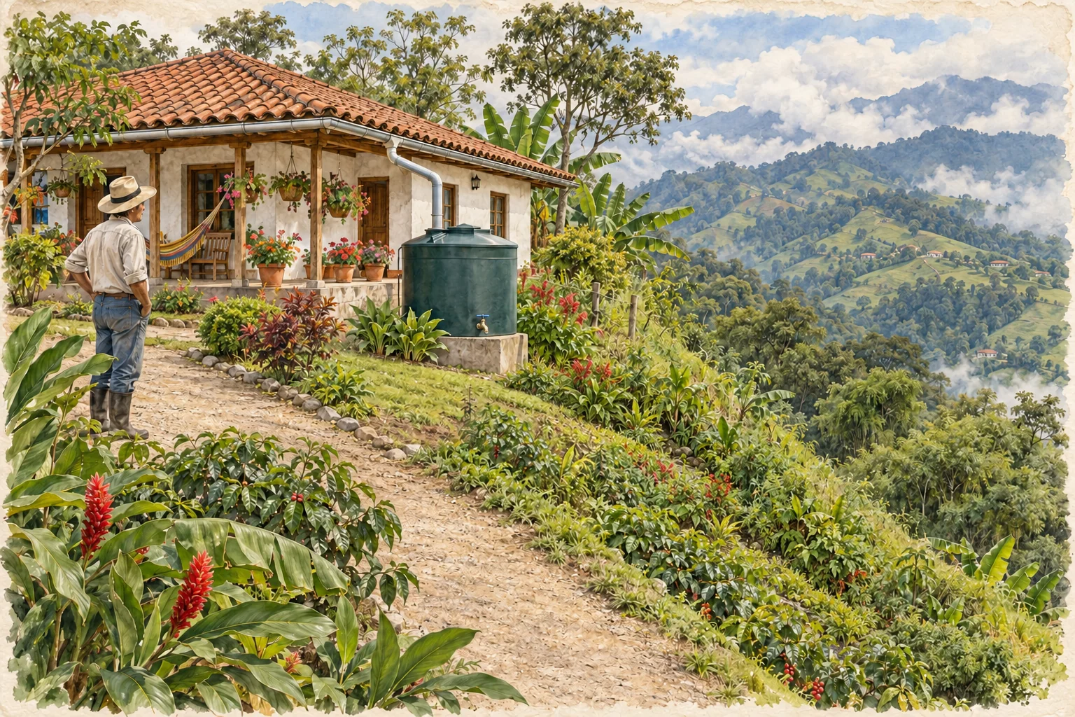 Casa con canaleta y tanque cerrado junto a una ladera cubierta de vegetación; una persona observa el entorno.