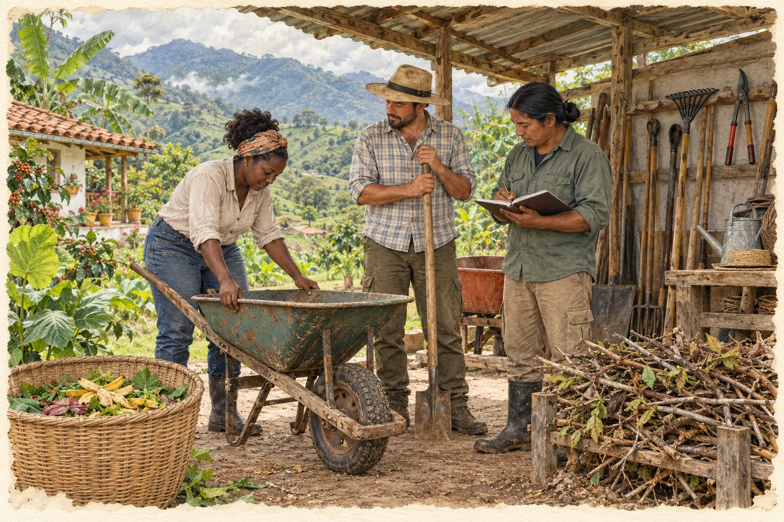Tres vecinos revisan materiales vegetales, una carretilla y herramientas en un cobertizo rural.