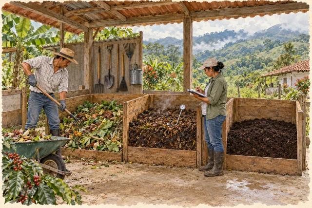 Dos personas trabajan y llevan registros junto a compartimientos de compostaje bajo cubierta.