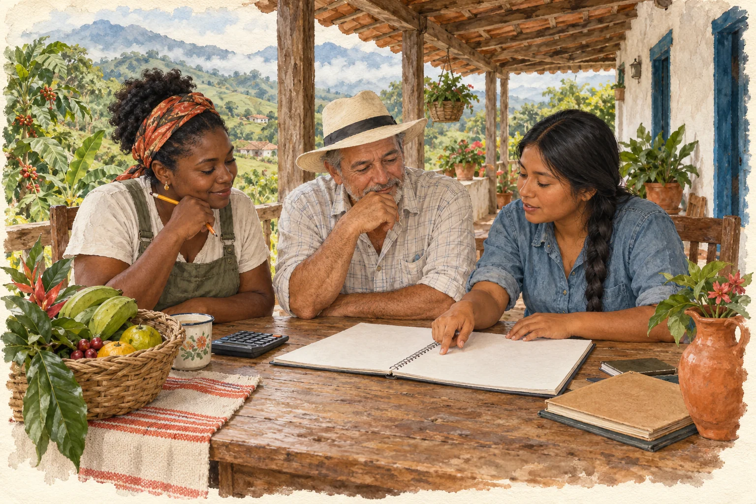 Una familia revisa un cuaderno, una calculadora y productos de su finca en el corredor.
