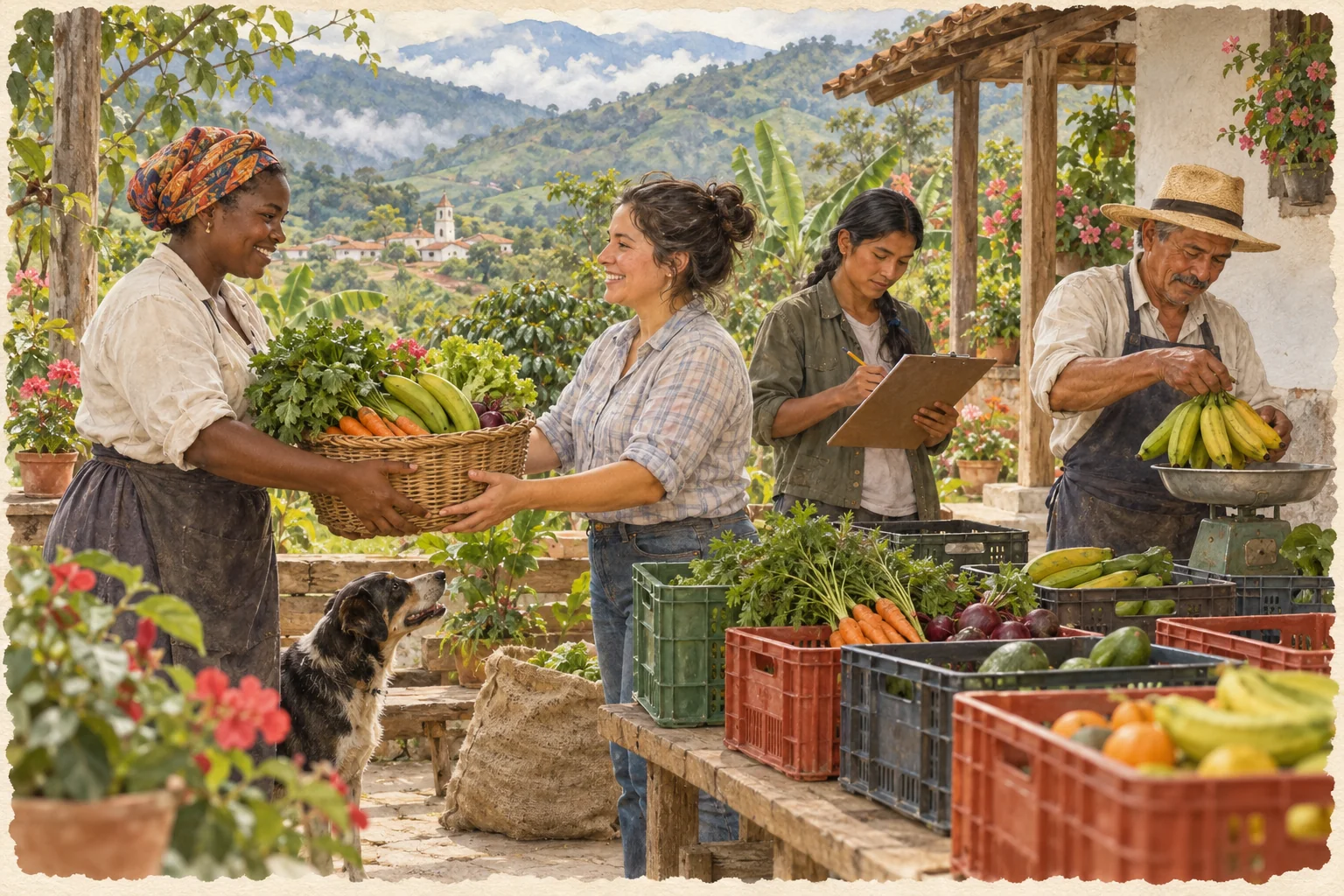 Productores y compradores intercambian una canasta y registran productos en un encuentro rural.