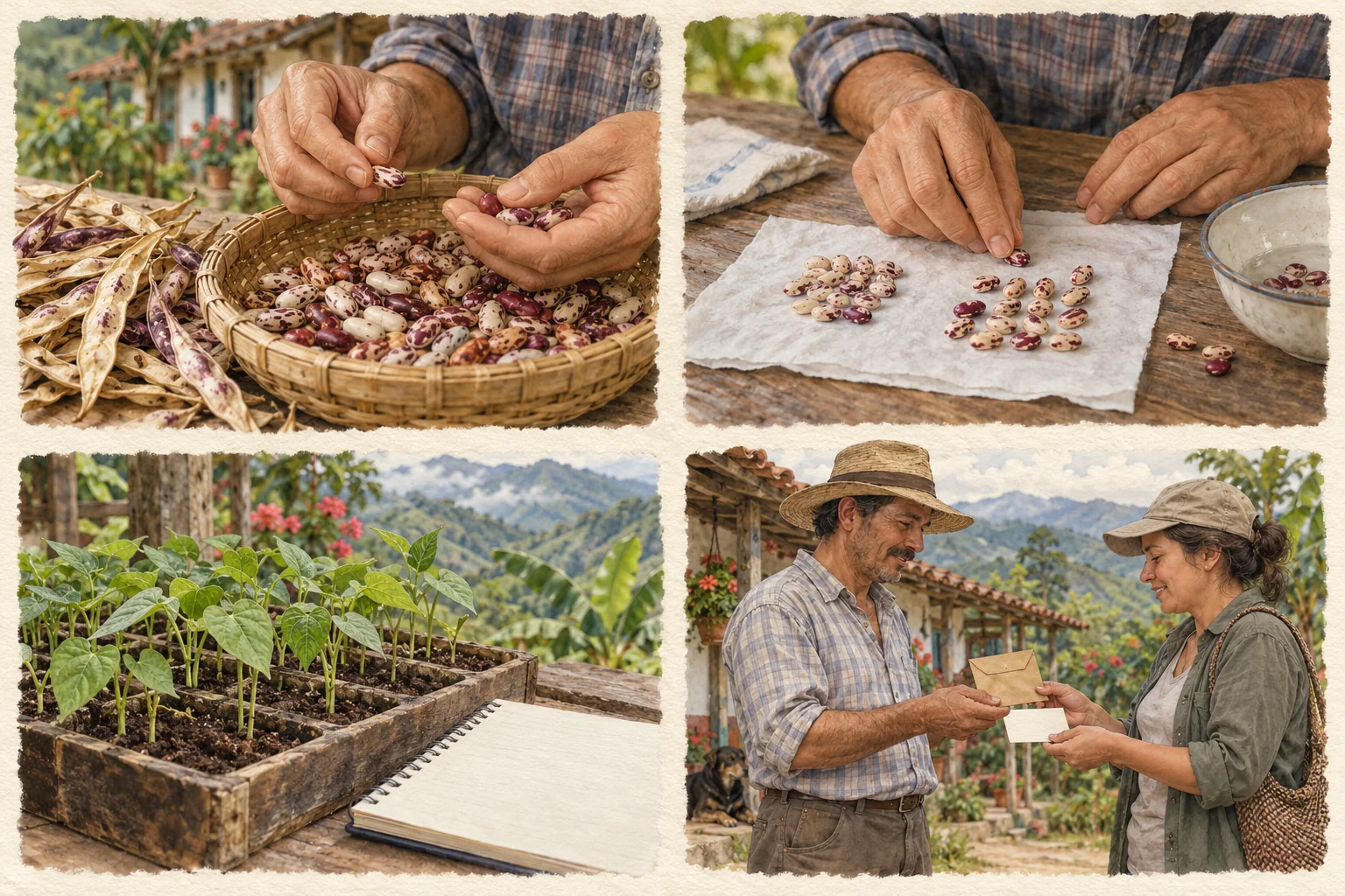 Revisar material, preparar una prueba de germinación, observar plántulas e intercambiar con identificación. El dibujo no representa un conteo experimental.