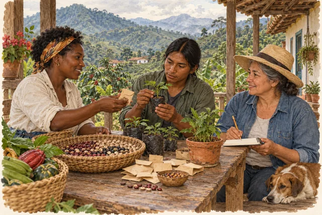 Tres personas comparten semillas y conocimientos alrededor de una mesa de vivero.