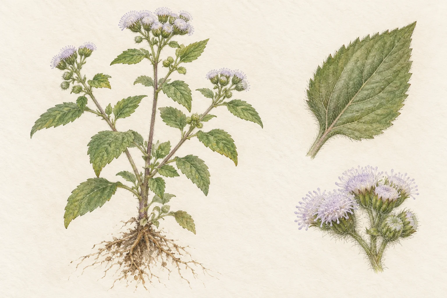 Estudio de Ageratum conyzoides con planta, hoja pubescente y capítulos ampliados.
