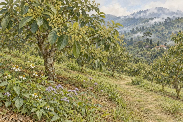 Aguacate en flor, sendero accesible y un borde con pequeñas plantas floridas en una ladera andina.