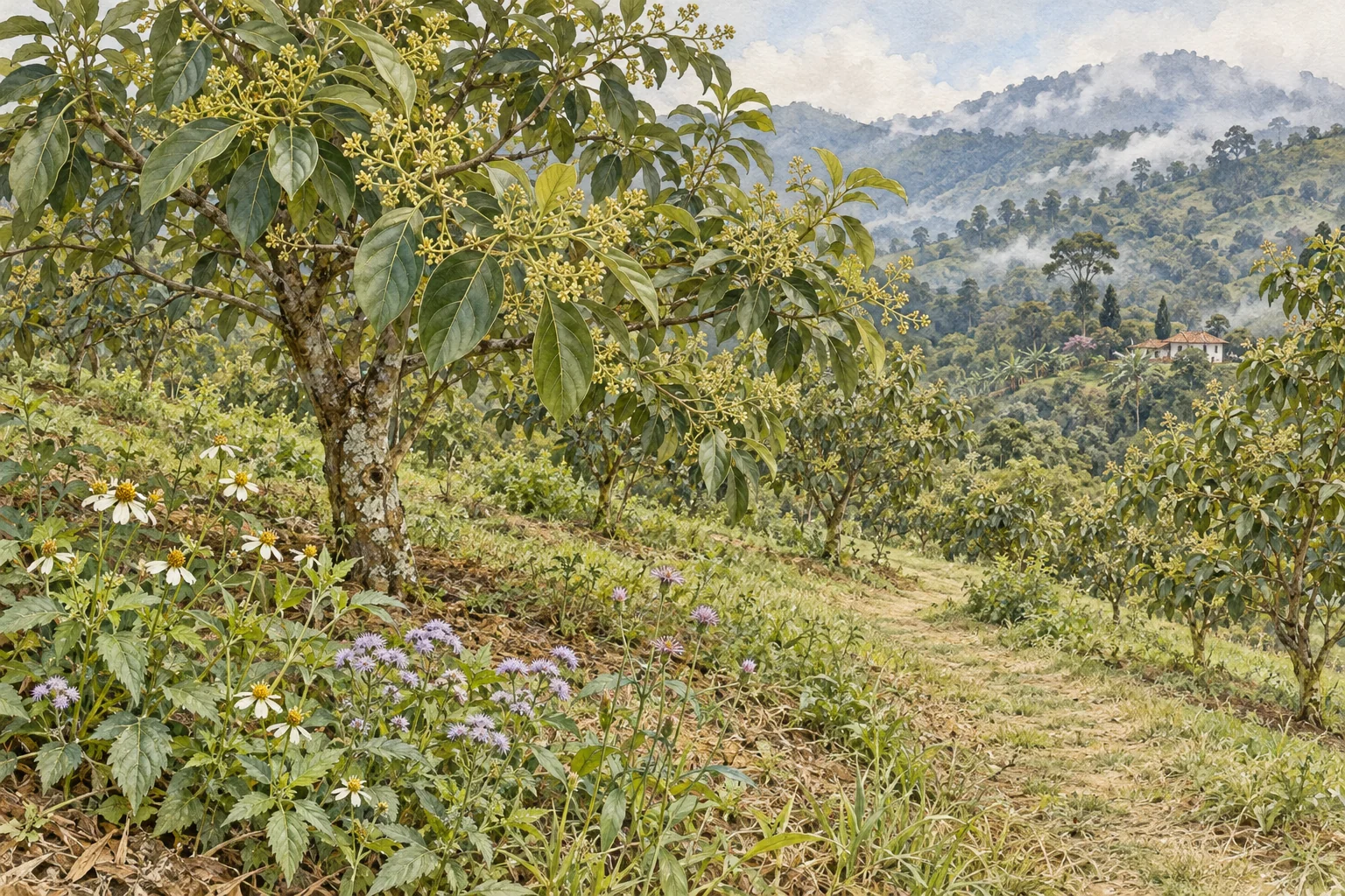Aguacate en flor, sendero accesible y un borde con pequeñas plantas floridas en una ladera andina.