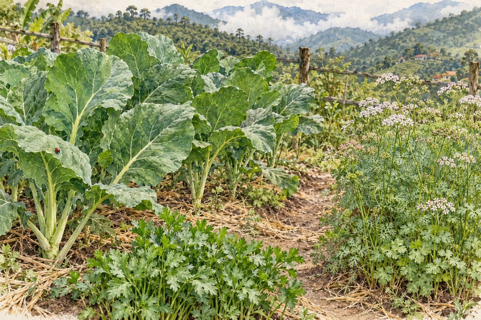 Coles de hoja junto a cilantro en flor y perejil, con una mariquita sobre una hoja.