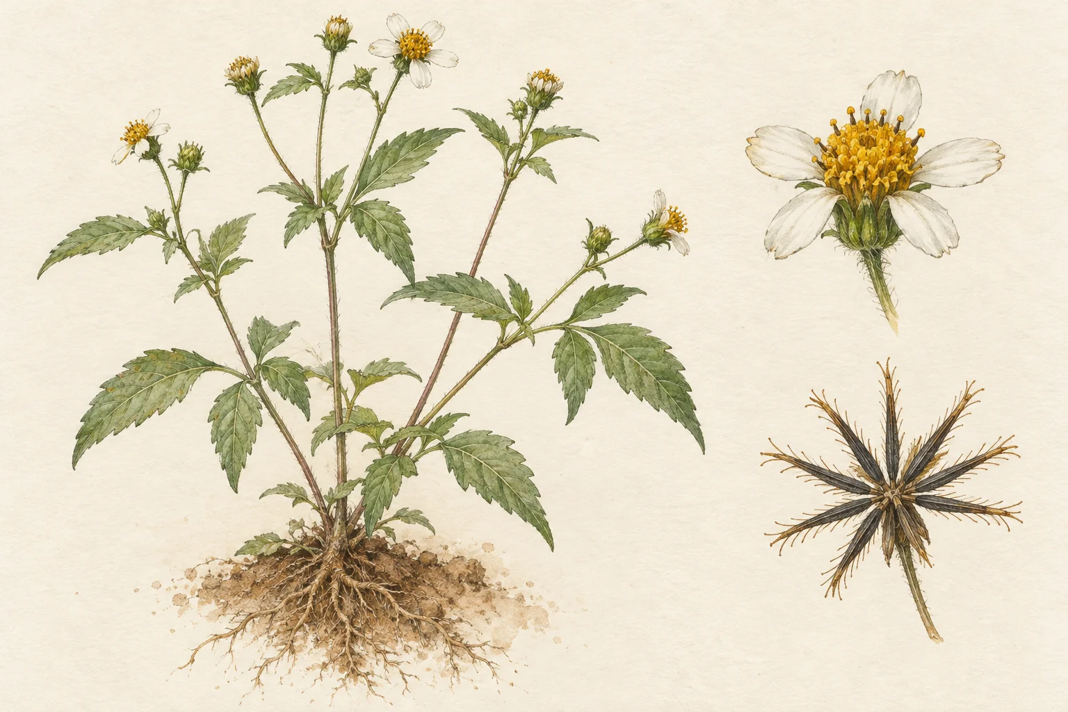 Estudio de Bidens pilosa con planta, capítulo y frutos secos ampliados.