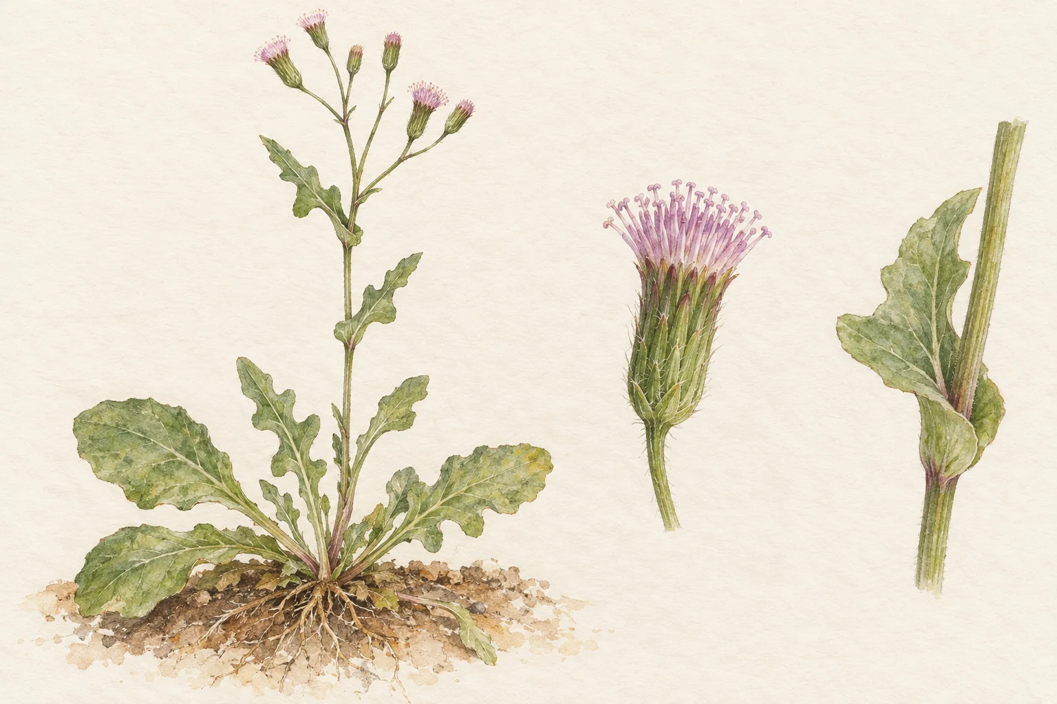 Estudio de Emilia sonchifolia con planta, capítulo estrecho y hoja junto al tallo.