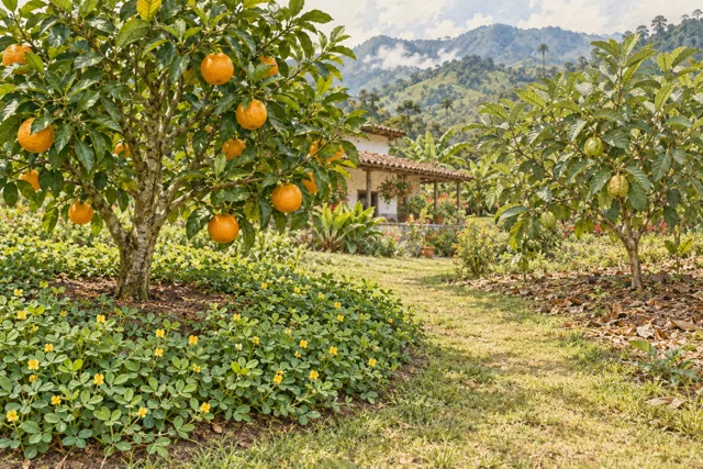 Naranjo con cobertura baja de maní forrajero, sendero accesible y guayabo con hojarasca junto a una casa rural.