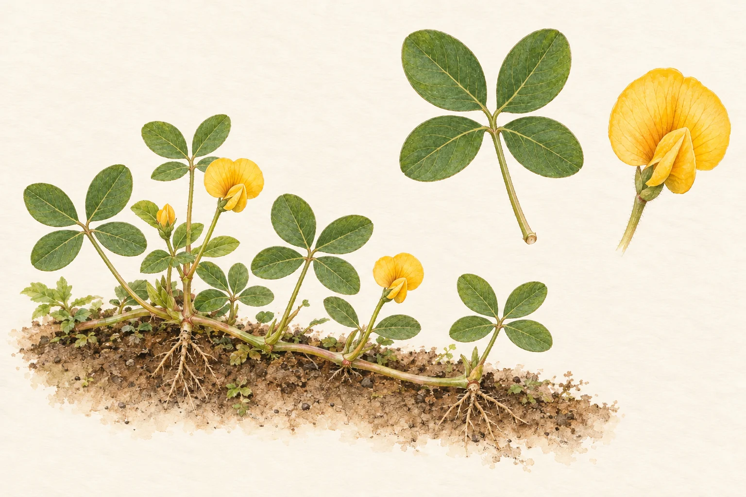 Arachis pintoi con tallo rastrero enraizado, hojas de cuatro folíolos y flores amarillas; detalles ampliados de hoja y flor.