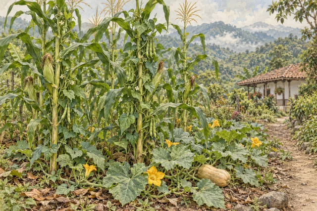 Maíz con fríjol trepador y ahuyama rastrera junto a un camino de huerta.