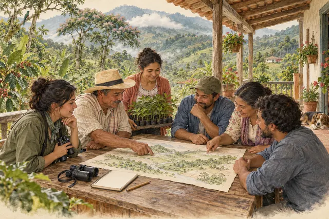 Seis personas de distintas edades conversan alrededor de un mapa dibujado, binoculares y plántulas en un corredor rural.