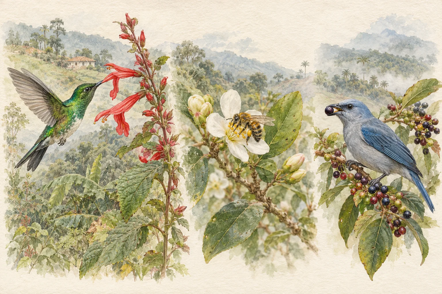 Tres escenas ilustrativas: un colibrí visita una flor tubular, una abeja está sobre una flor abierta y un ave come un fruto.