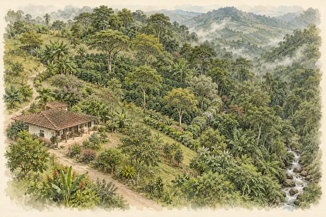 Paisaje de una finca imaginada con casa de teja, cafetal de sombra, jardín, árboles diversos y vegetación junto a una quebrada.