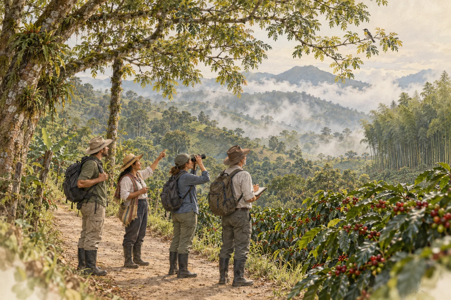 Ilustración de un grupo observando aves junto a un cafetal de sombra.
