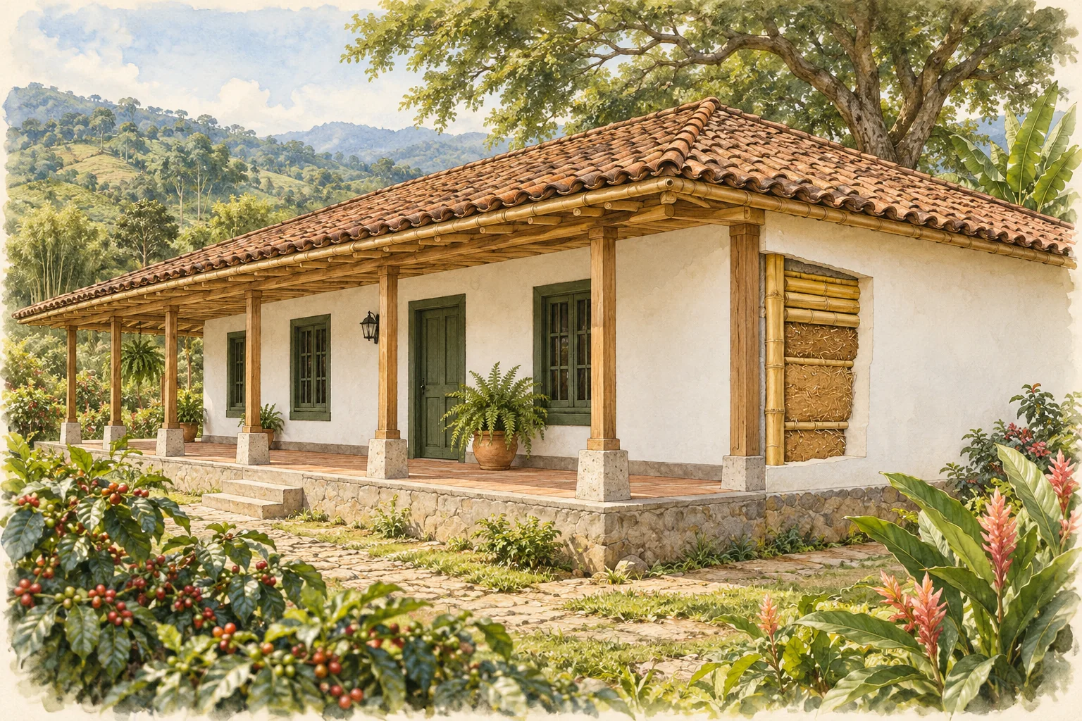 Casa cafetera de un piso, corredor con columnas de guadua y teja de barro; un corte didáctico revela el entramado y la tierra bajo el revoque.
