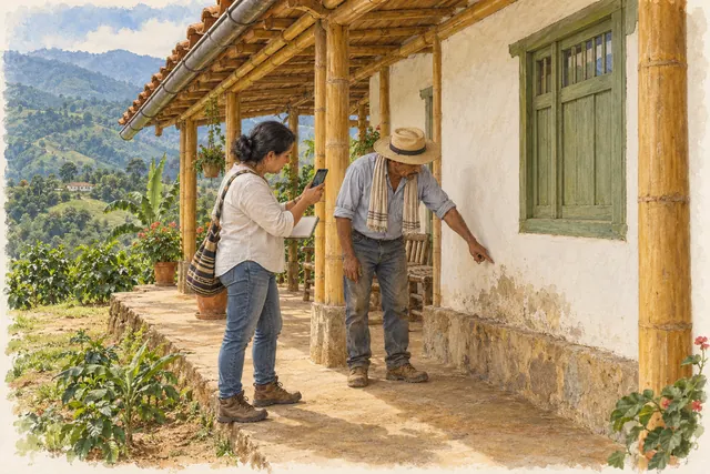 Una habitante registra observaciones junto a un artesano que señala una mancha cerca de la base del muro, desde el piso de un corredor.