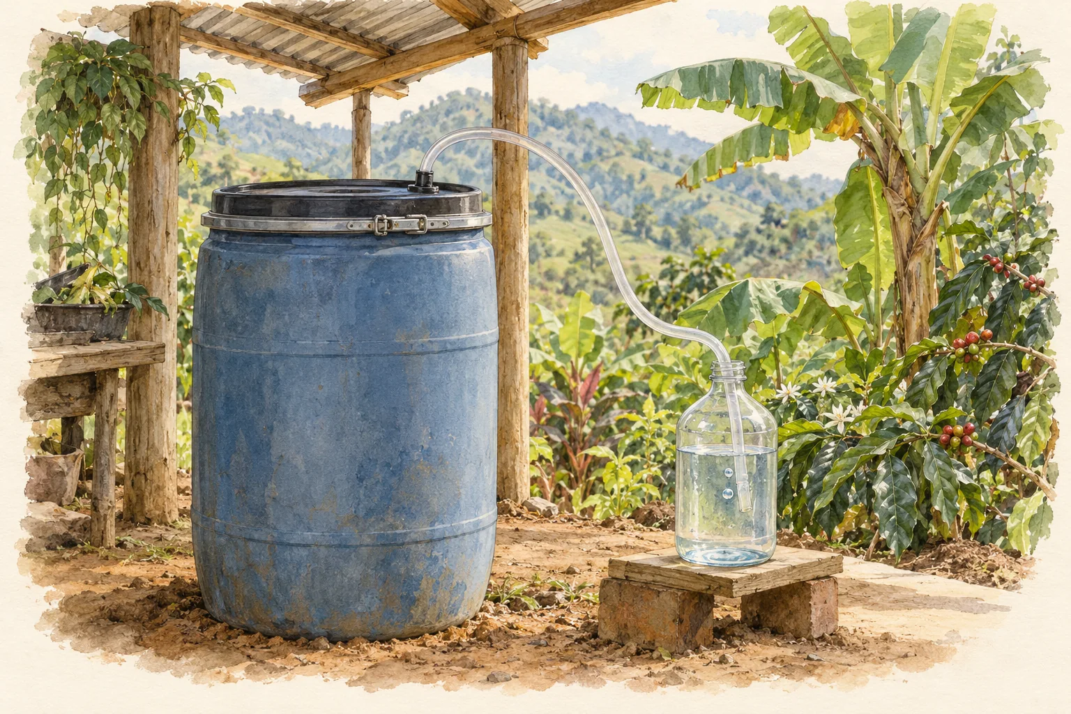 Caneca cerrada conectada por una manguera a una botella abierta con agua, bajo sombra.