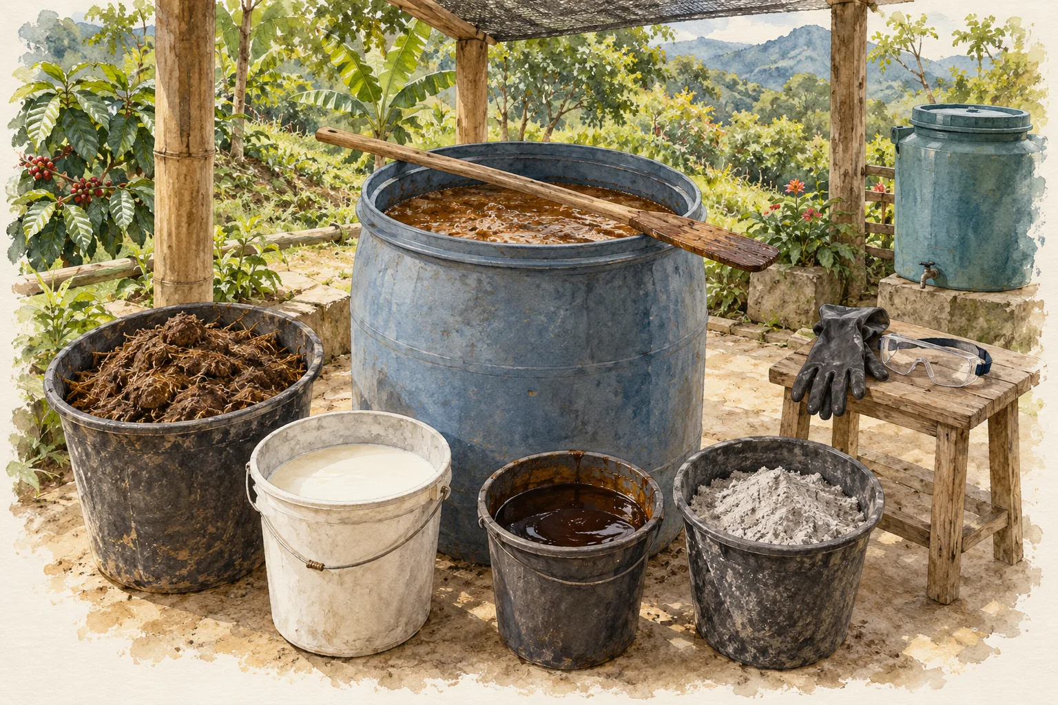 Caneca abierta, paleta y recipientes separados de boñiga, leche, melaza y ceniza.