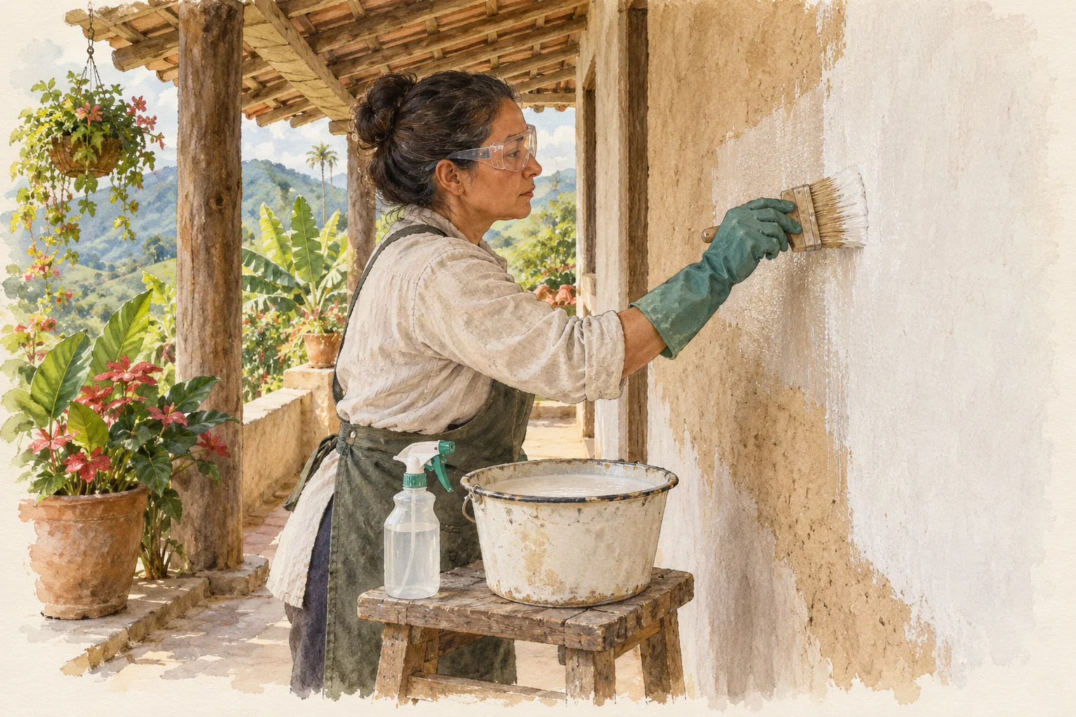 Mujer con gafas y guantes aplicando una mano delgada de lechada de cal en un muro protegido.