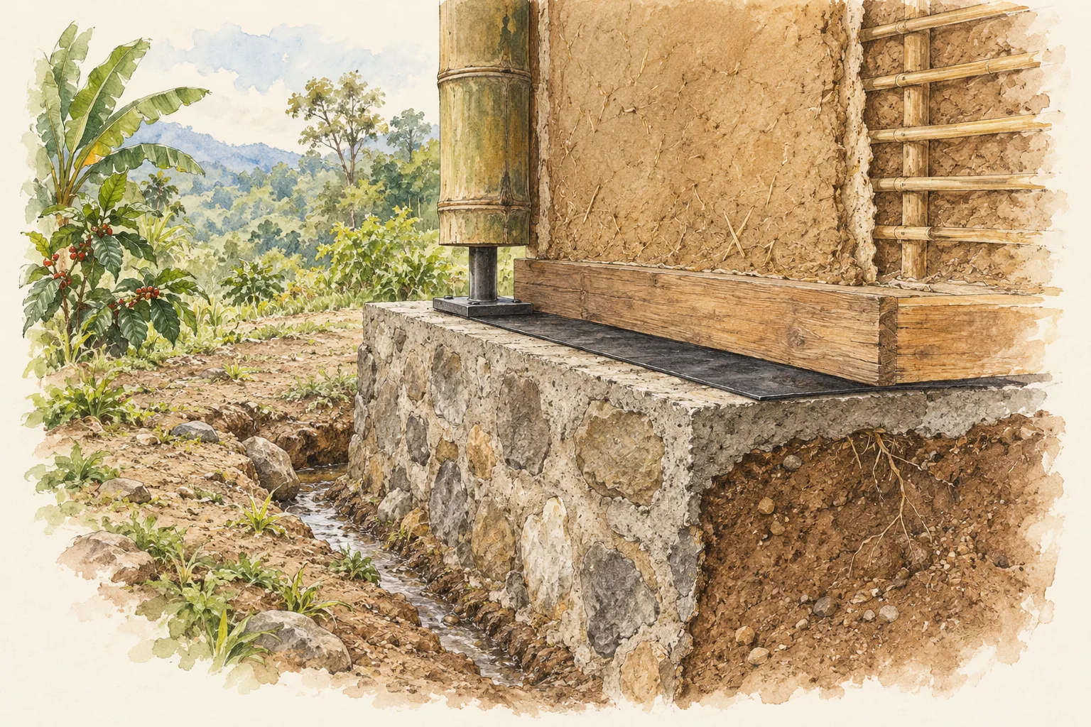 Corte conceptual de un sobrecimiento, barrera impermeable y guadua elevada mediante un separador.