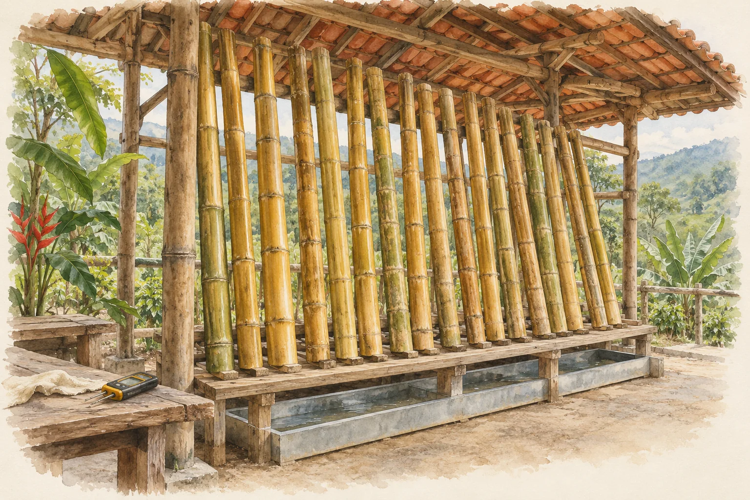 Guadua almacenada con ventilación bajo cubierta y elevada del suelo.