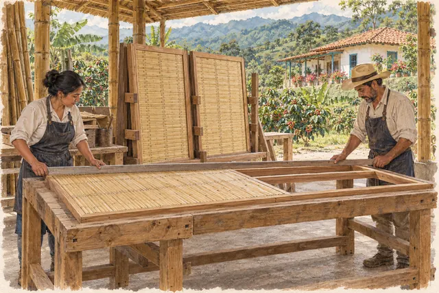 Dos artesanos revisan un marco de madera con esterilla en una mesa de taller; otros paneles descansan en un soporte, con una casa cafetera al fondo.