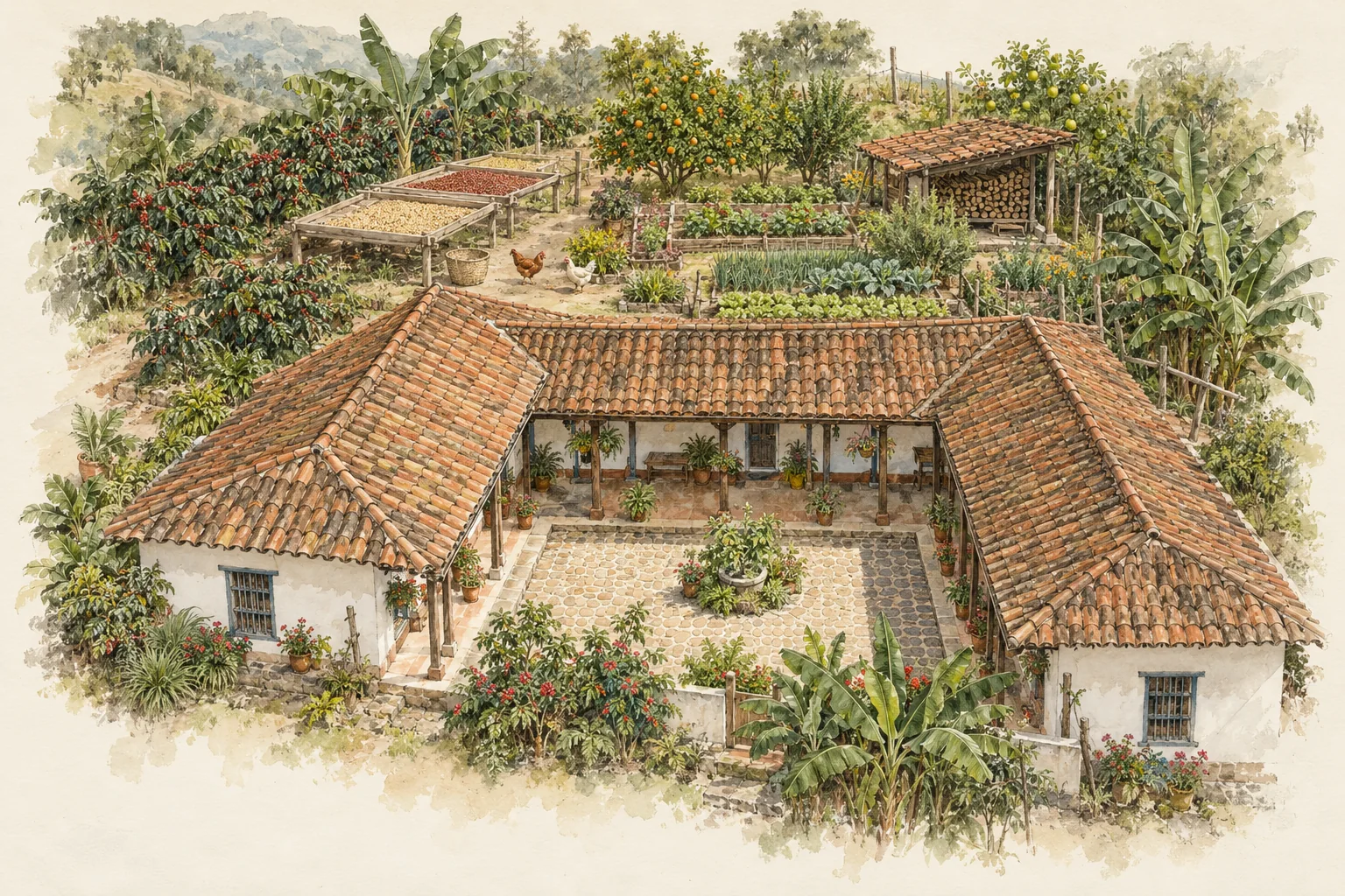 Casa alrededor de un patio abierto; detrás, huerta, frutales, secado de café y leña bajo techo.