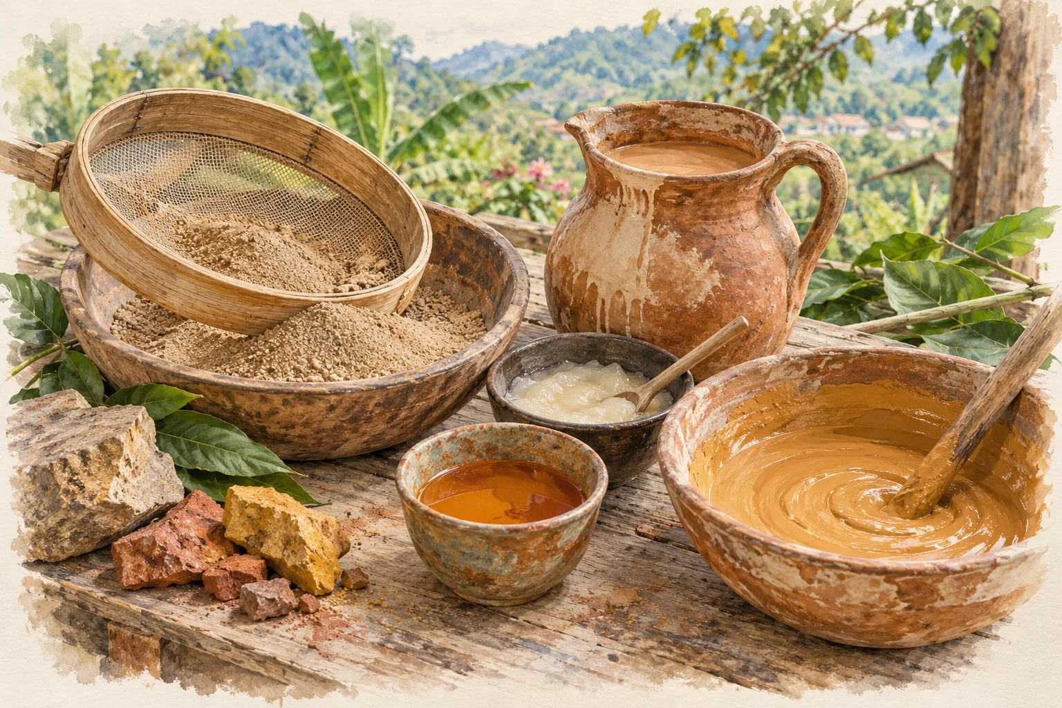 Cedazo, arena fina, barbotina, engrudo y pigmento disuelto junto a un recipiente de pintura.