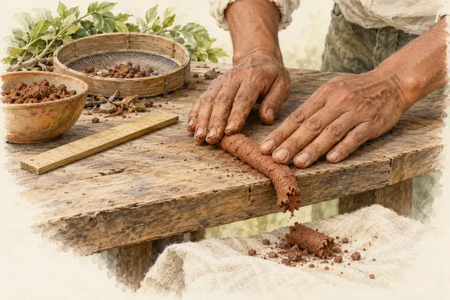 Manos empujando un rollo de tierra húmeda hacia el borde de una mesa, junto a un segmento quebrado.