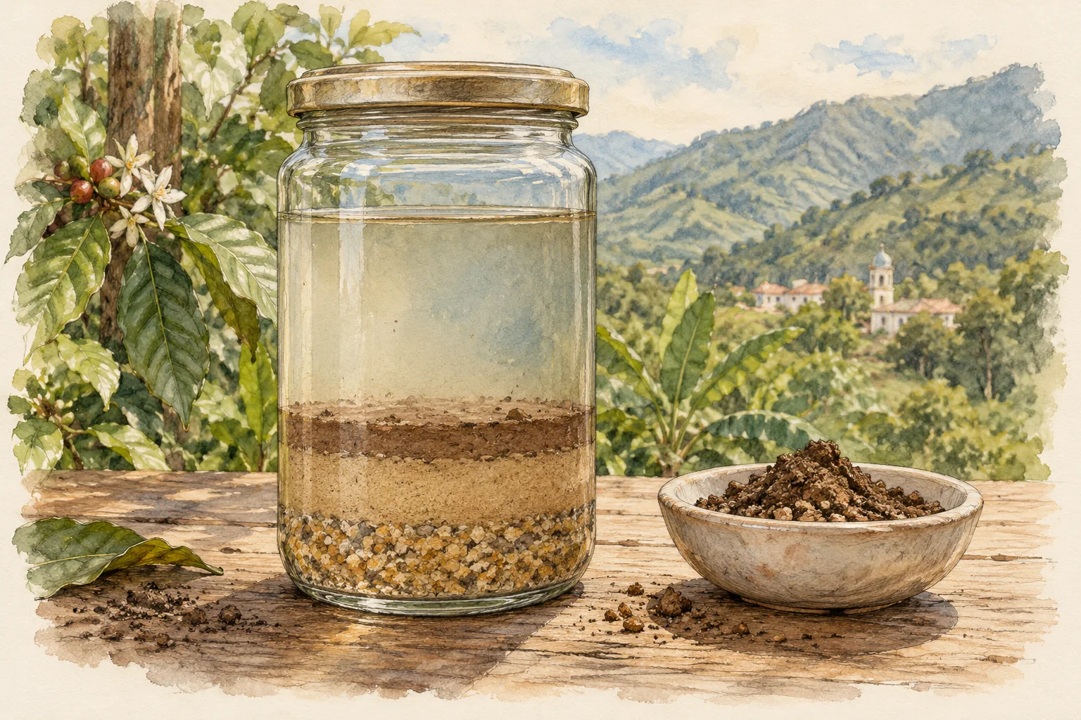 Frasco transparente con agua y sedimentos asentados en capas.