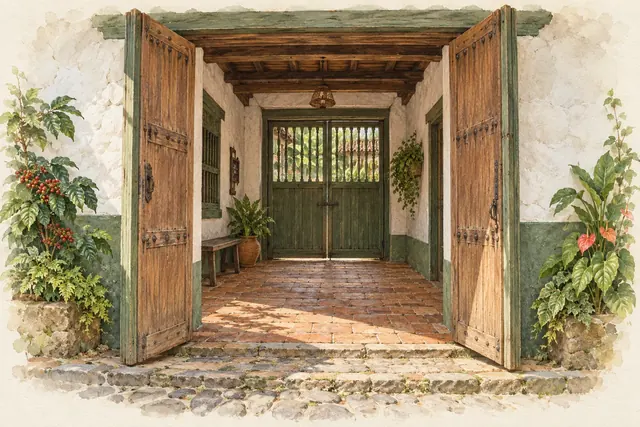 Portón abierto, pasillo de entrada y contraportón cerrado con calados hacia un patio.